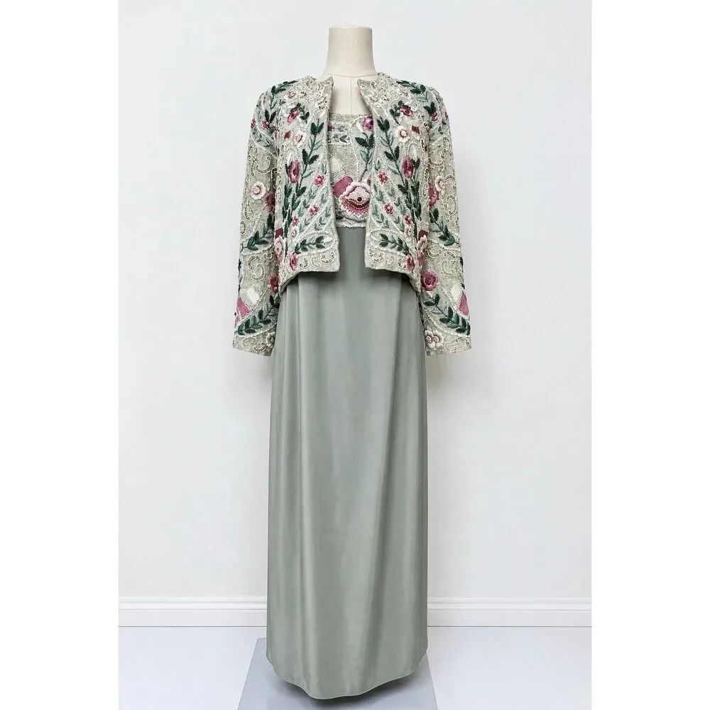 Vintage Richilene Beaded Jacket Silk Slip Dress Set Embroidered Formal XS/ S